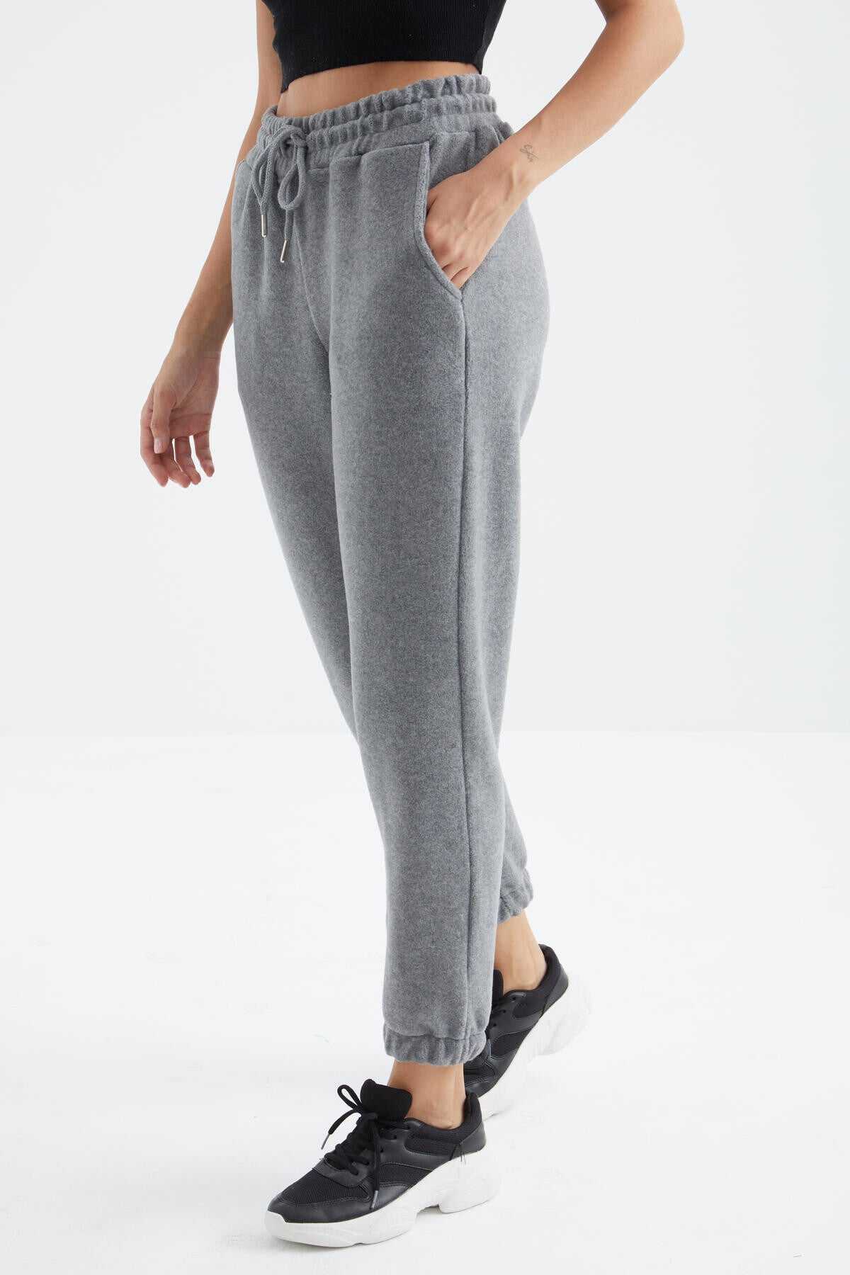 Grey Melange High Waist Basic Laced Jogger Polar Women's Tracksuit Bottom - 94622