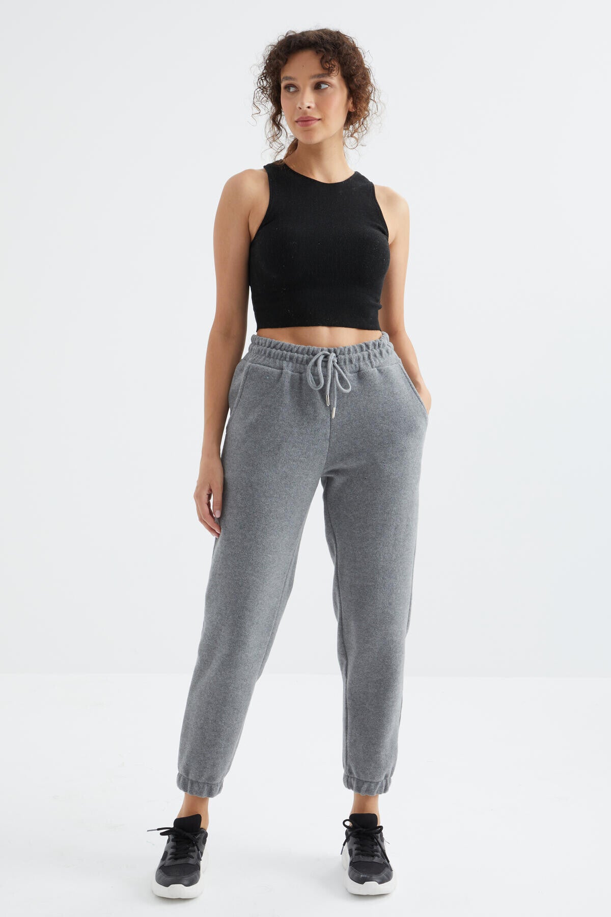 Grey Melange High Waist Basic Laced Jogger Polar Women's Tracksuit Bottom - 94622