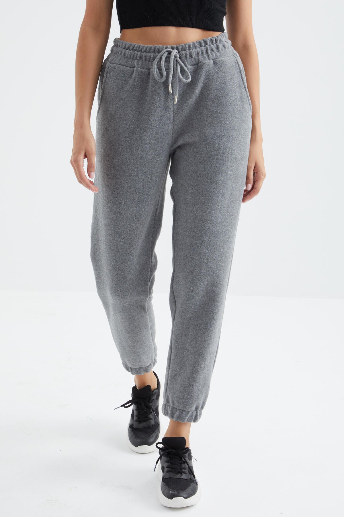 Grey Melange High Waist Basic Laced Jogger Polar Women's Tracksuit Bottom - 94622