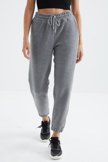 Grey Melange High Waist Basic Laced Jogger Polar Women's Tracksuit Bottom - 94622