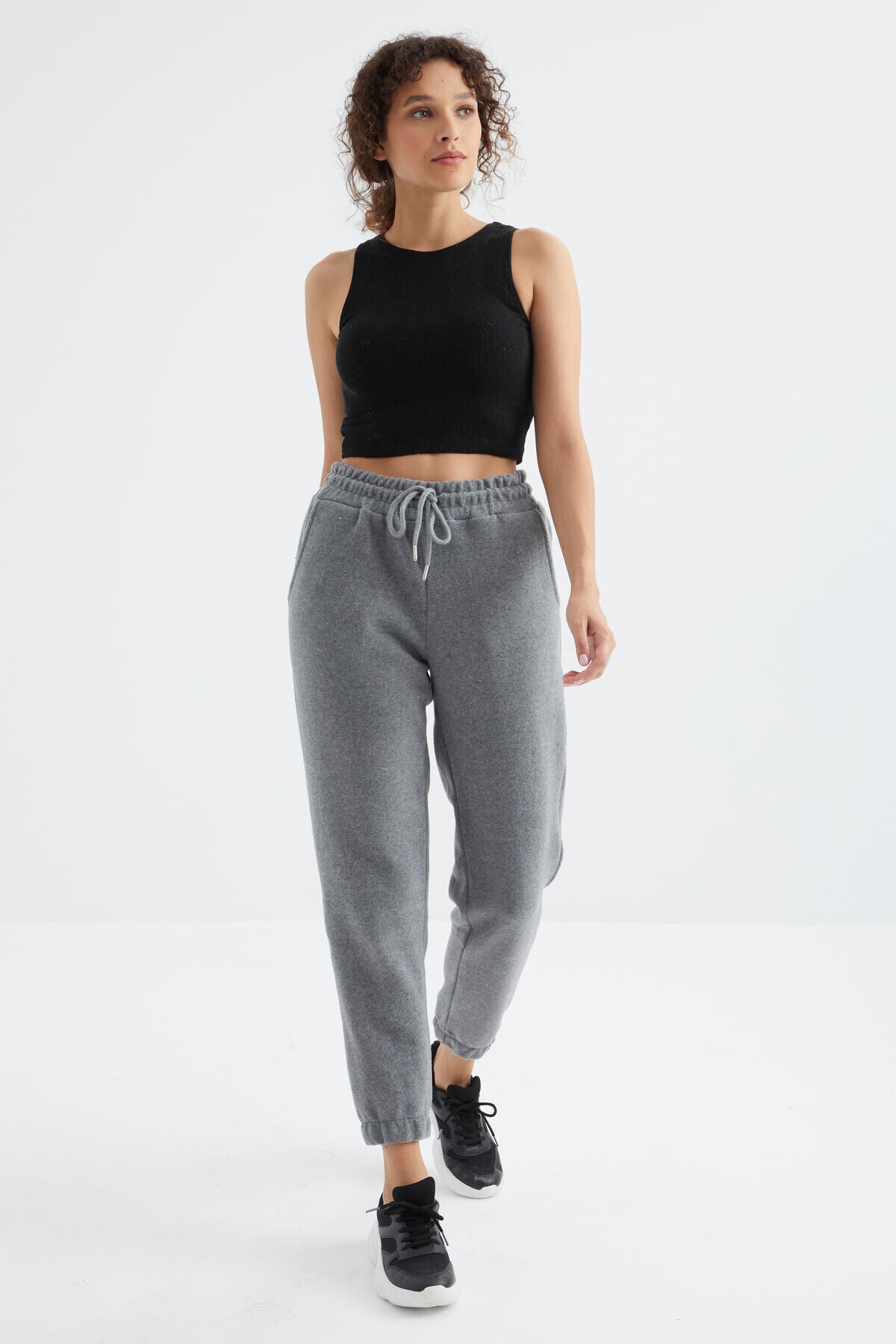 Grey Melange High Waist Basic Laced Jogger Polar Women's Tracksuit Bottom - 94622