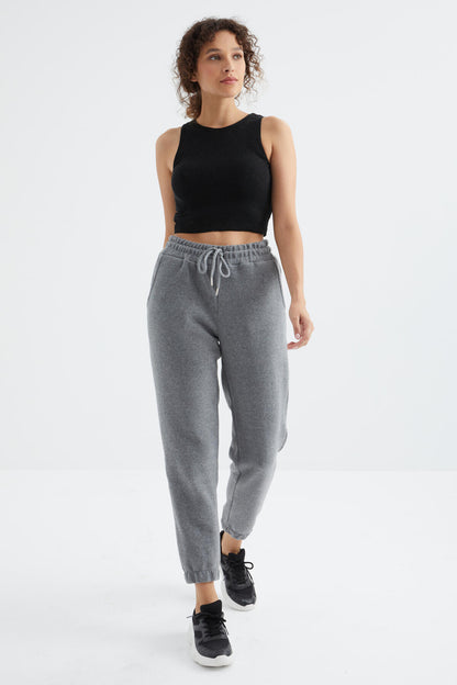 Grey Melange High Waist Basic Laced Jogger Polar Women's Tracksuit Bottom - 94622