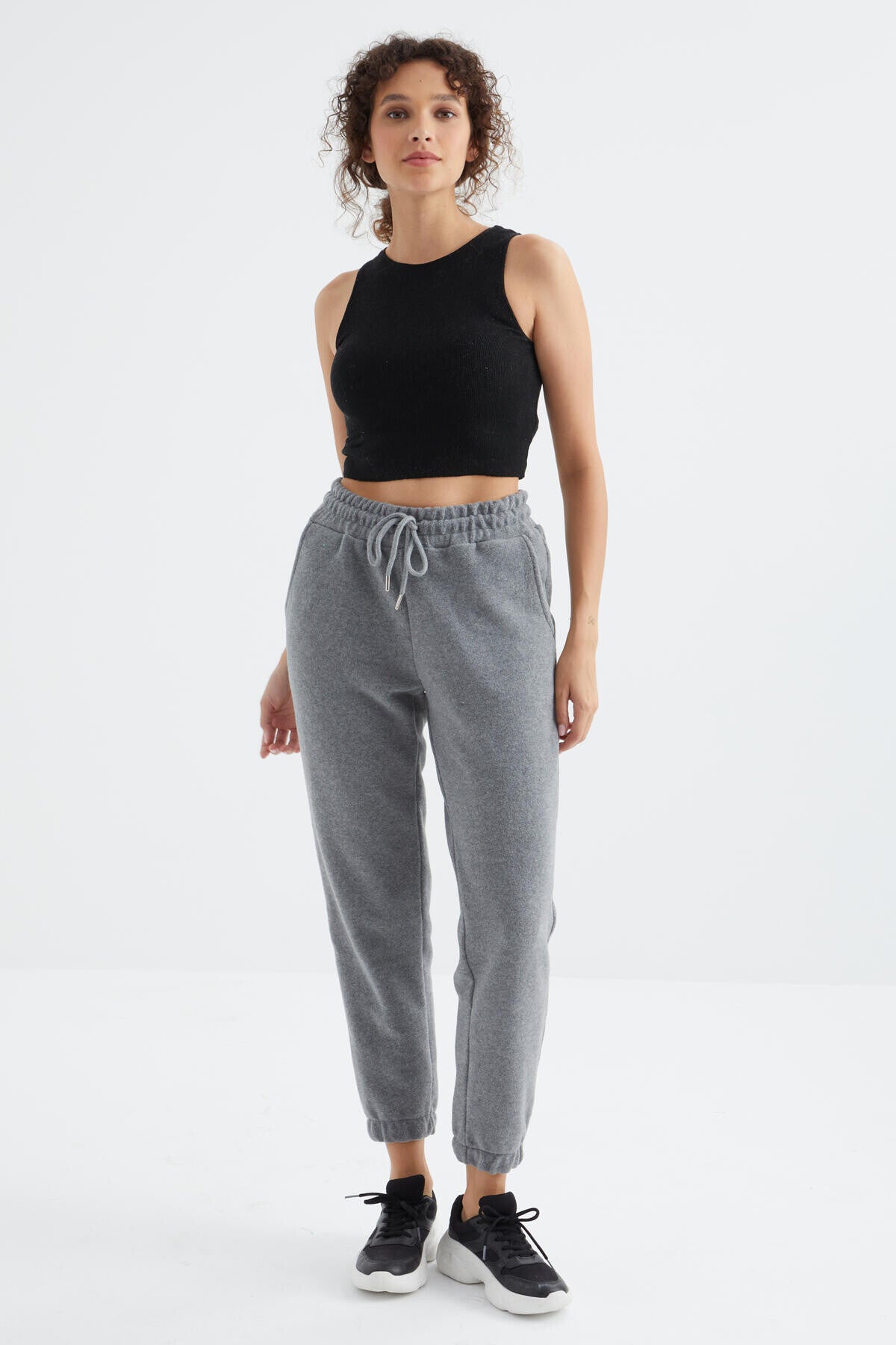 Grey Melange High Waist Basic Laced Jogger Polar Women's Tracksuit Bottom - 94622