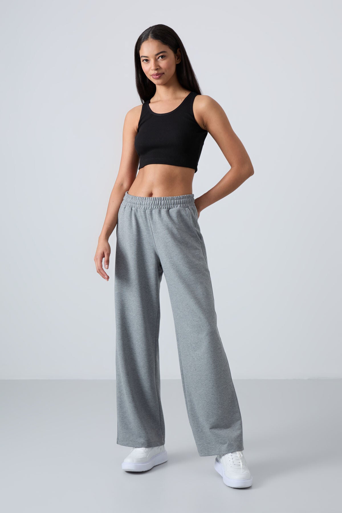 Grey Melange High Waist Comfort Fit Wide Leg Women's Tracksuit Bottom - 94567