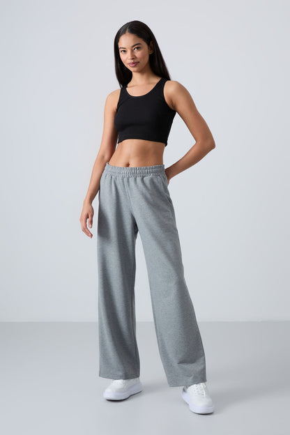 Grey Melange High Waist Comfort Fit Wide Leg Women's Tracksuit Bottom - 94567