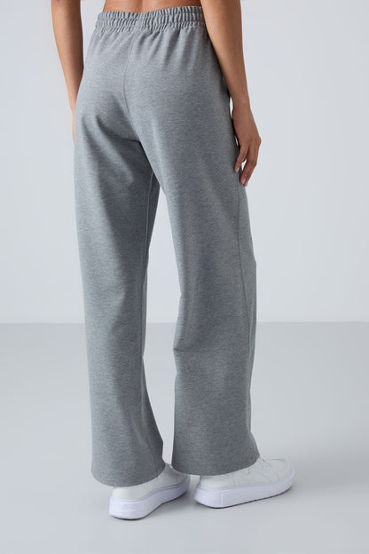 Grey Melange High Waist Comfort Fit Wide Leg Women's Tracksuit Bottom - 94567