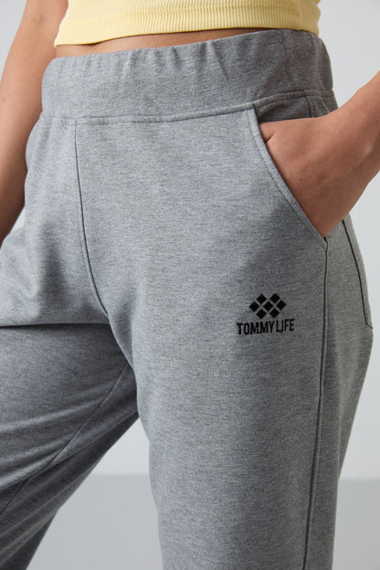Grey Melange High Waist Comfort Fit Classic Leg Women's Tracksuit Bottom - 94185