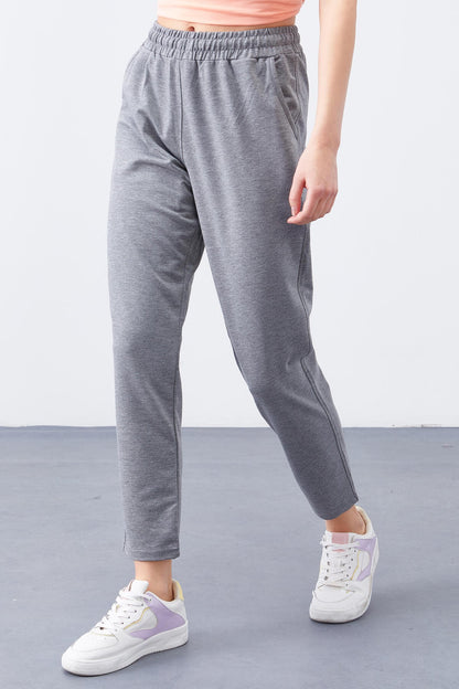 Grey Melange High Waist Jogger Comfort Fit Slim Leg Women's Tracksuit Bottom - 94566