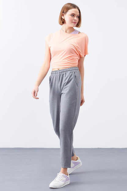 Grey Melange High Waist Jogger Comfort Fit Slim Leg Women's Tracksuit Bottom - 94566