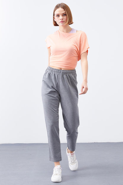 Grey Melange High Waist Jogger Comfort Fit Slim Leg Women's Tracksuit Bottom - 94566