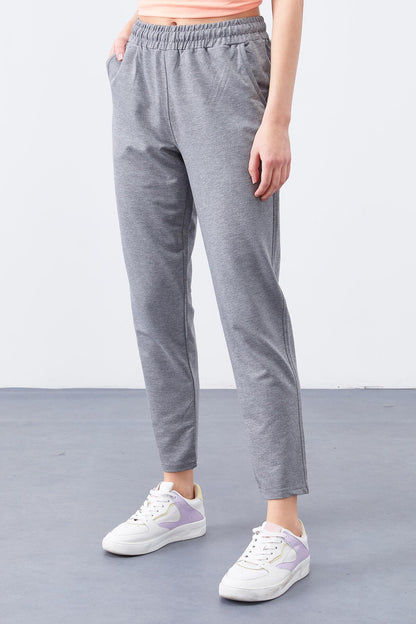 Grey Melange High Waist Jogger Comfort Fit Slim Leg Women's Tracksuit Bottom - 94566