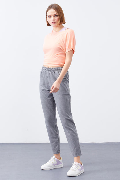 Grey Melange High Waist Jogger Comfort Fit Slim Leg Women's Tracksuit Bottom - 94566