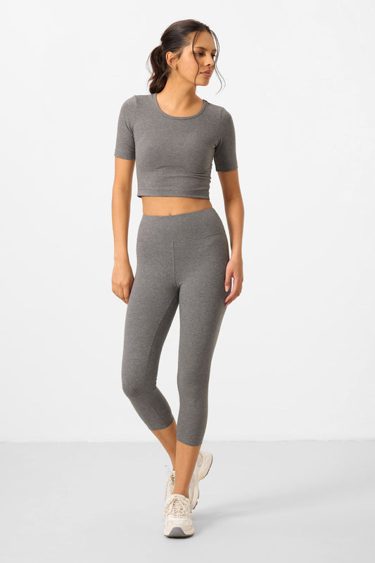 Grey High Waist Capri-Crop T-Shirt Slim Fit Women's Tights Set - 95285