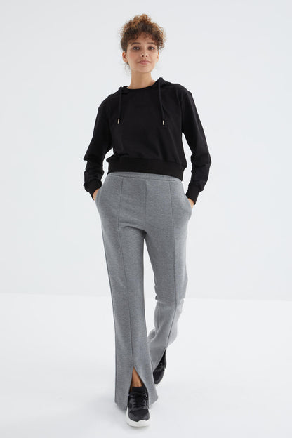 High Waist Gray Melange Front Slit Detailed Side Pocket Comfortable Fit Women's Tracksuit Bottom - 94625