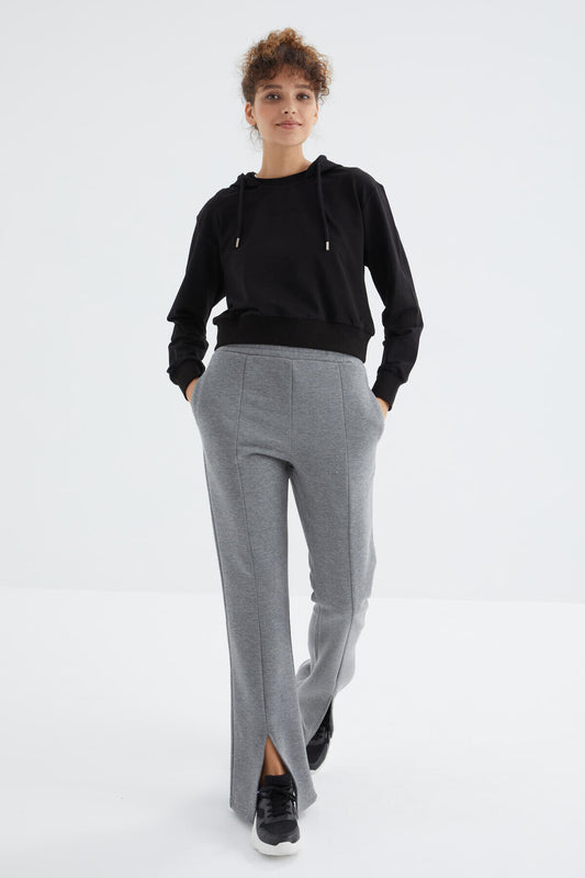 High Waist Gray Melange Front Slit Detailed Side Pocket Comfortable Fit Women's Tracksuit Bottom - 94625