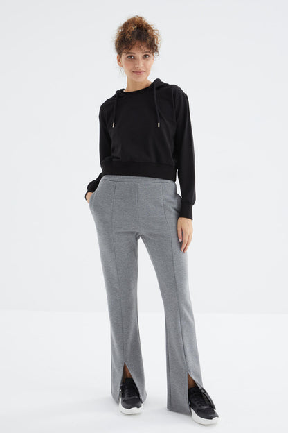 High Waist Gray Melange Front Slit Detailed Side Pocket Comfortable Fit Women's Tracksuit Bottom - 94625