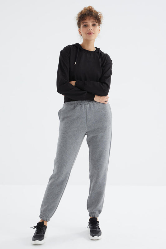 Grey Melange High Waist Brushed 3-Thread Cotton Basic Women's Tracksuit Bottom - 94624