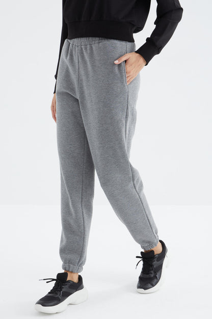 Grey Melange High Waist Brushed 3-Thread Cotton Basic Women's Tracksuit Bottom - 94624