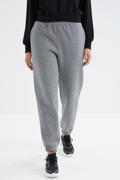 Grey Melange High Waist Brushed 3-Thread Cotton Basic Women's Tracksuit Bottom - 94624