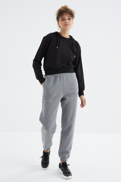 Grey Melange High Waist Brushed 3-Thread Cotton Basic Women's Tracksuit Bottom - 94624