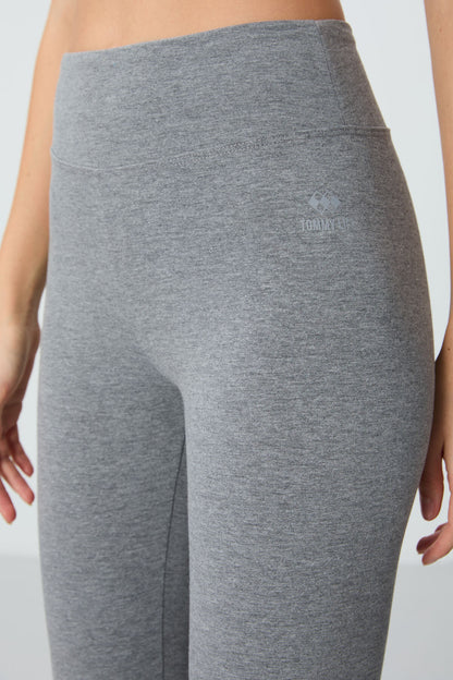 Grey Melange High Waist Slim Fit Tapered Leg Women's Capri Tights - 93097