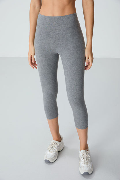 Grey Melange High Waist Slim Fit Tapered Leg Women's Capri Tights - 93097