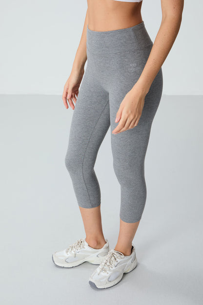Grey Melange High Waist Slim Fit Tapered Leg Women's Capri Tights - 93097