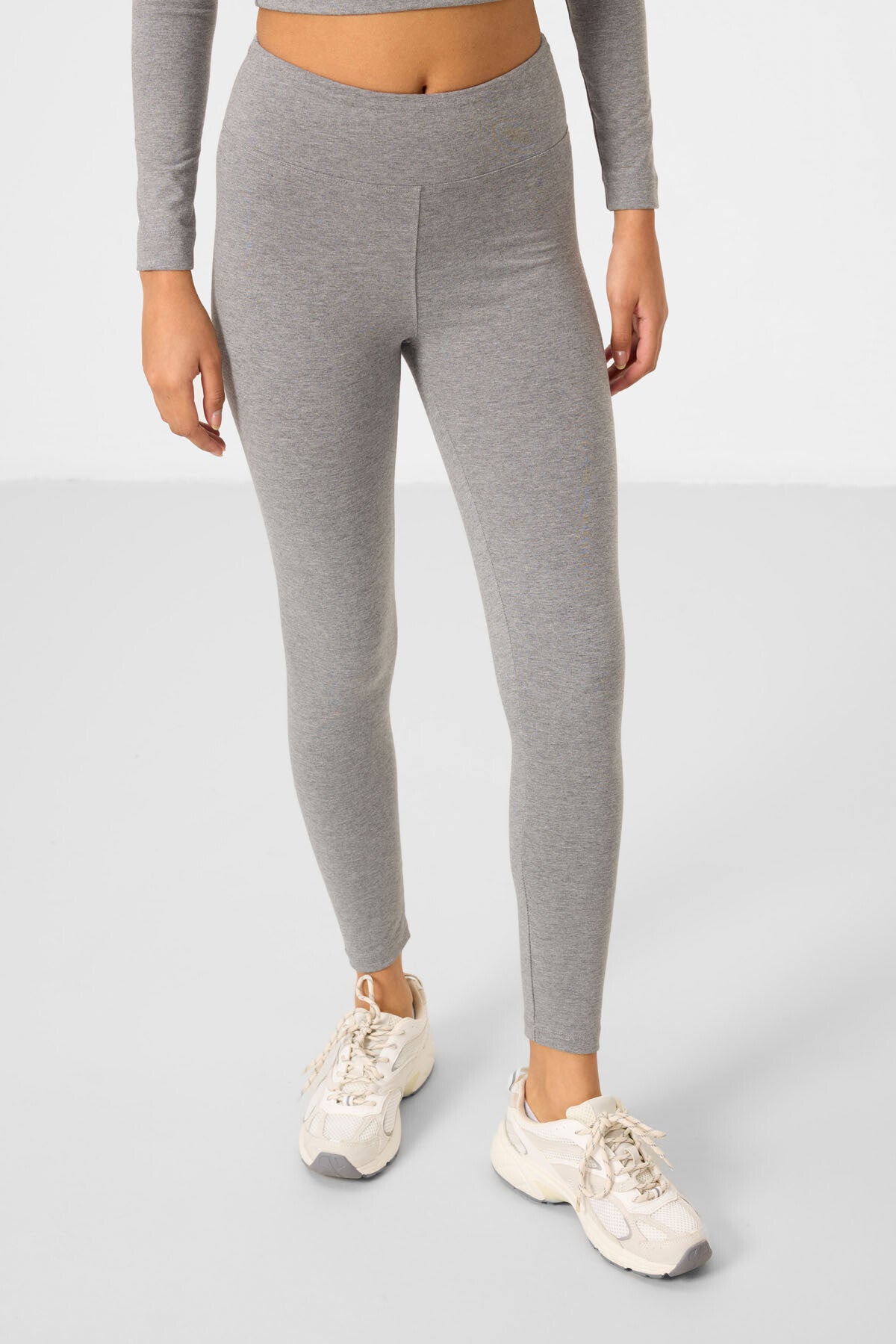 Grey Melange High Waist Long Sleeve Slim Fit Crop Top Women's Tights Set - 95286
