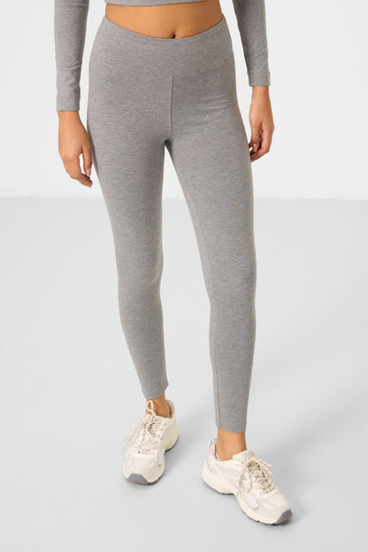 Grey Melange High Waist Long Sleeve Slim Fit Crop Top Women's Tights Set - 95286
