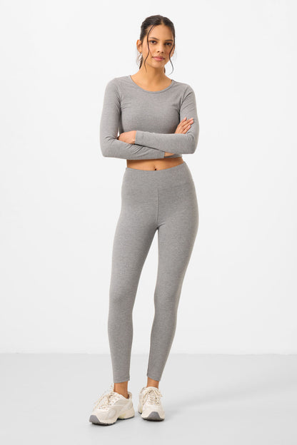 Grey Melange High Waist Long Sleeve Slim Fit Crop Top Women's Tights Set - 95286