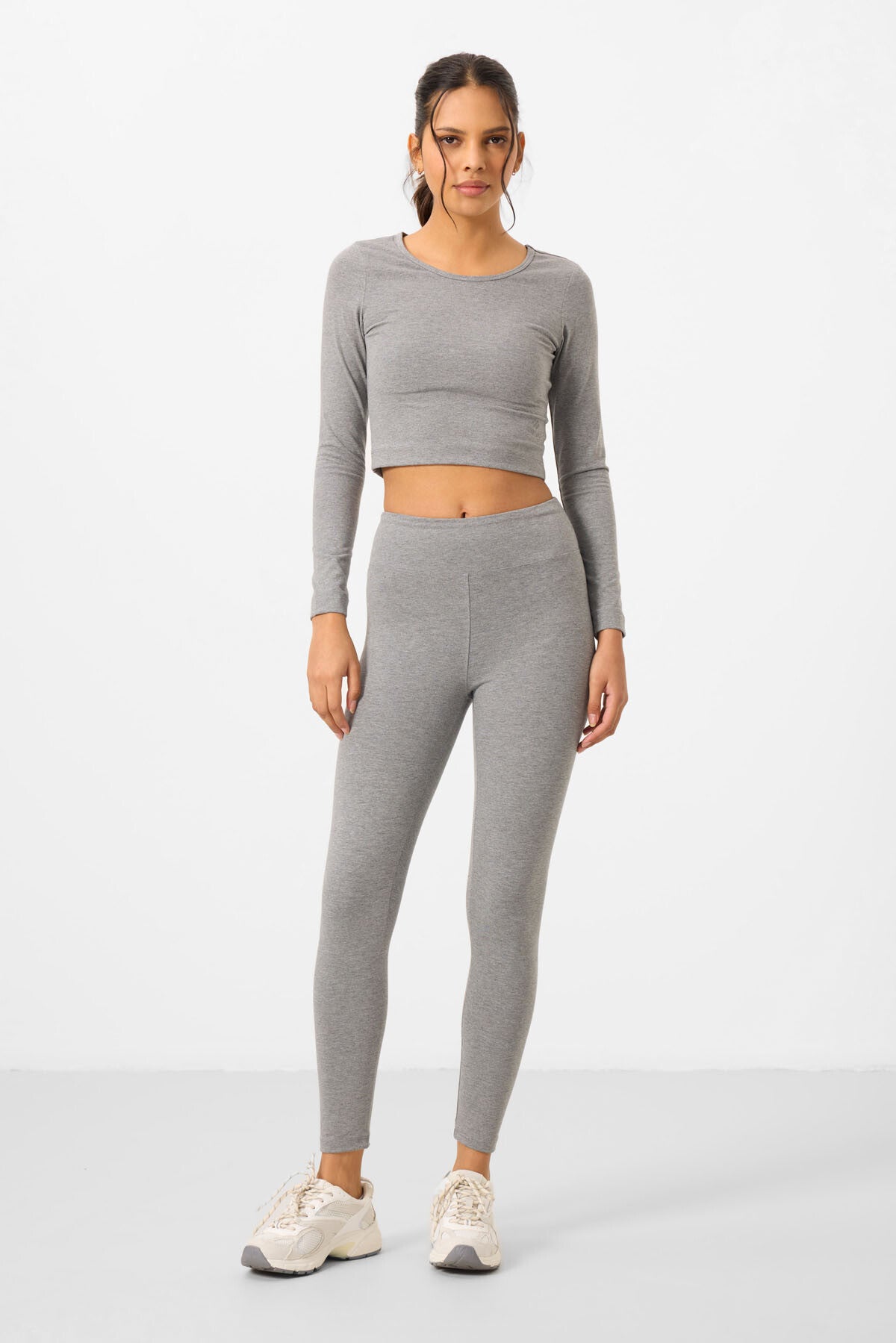Grey Melange High Waist Long Sleeve Slim Fit Crop Top Women's Tights Set - 95286