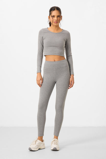 Grey Melange High Waist Long Sleeve Slim Fit Crop Top Women's Tights Set - 95286