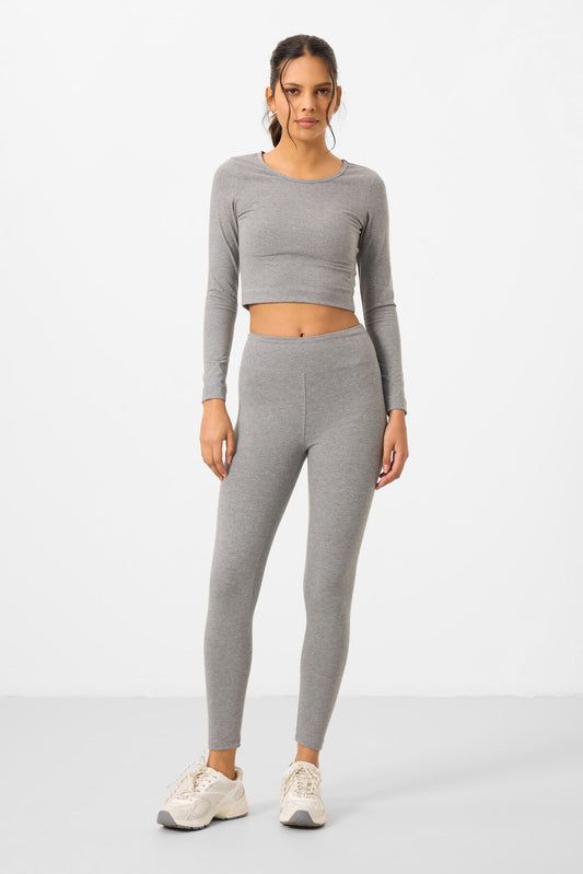 Grey Melange High Waist Long Sleeve Slim Fit Crop Top Women's Tights Set - 95286