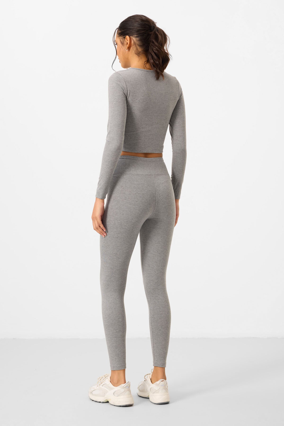 Grey Melange High Waist Long Sleeve Slim Fit Crop Top Women's Tights Set - 95286