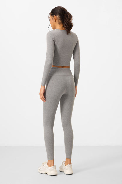 Grey Melange High Waist Long Sleeve Slim Fit Crop Top Women's Tights Set - 95286
