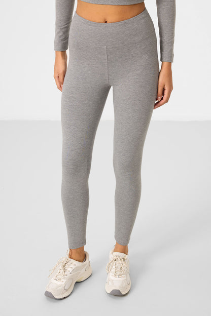 Grey Melange High Waist Long Sleeve Slim Fit Crop Top Women's Tights Set - 95286