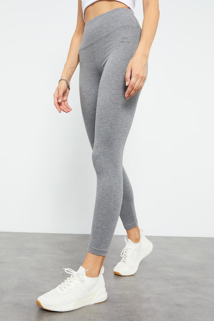 Grey Melange High Waist Wrap-up Slim Fit Skinny Leg Women's Tights - 94011