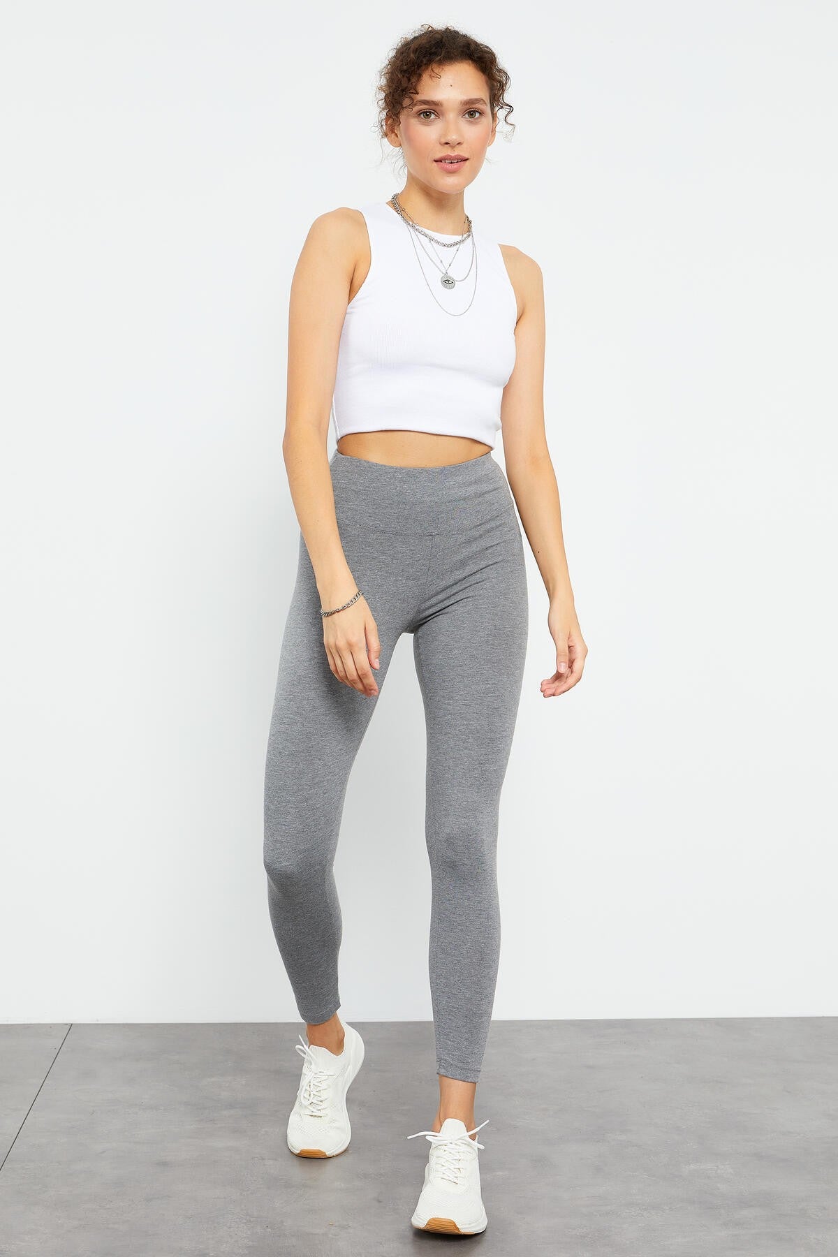 Grey Melange High Waist Wrap-up Slim Fit Skinny Leg Women's Tights - 94011
