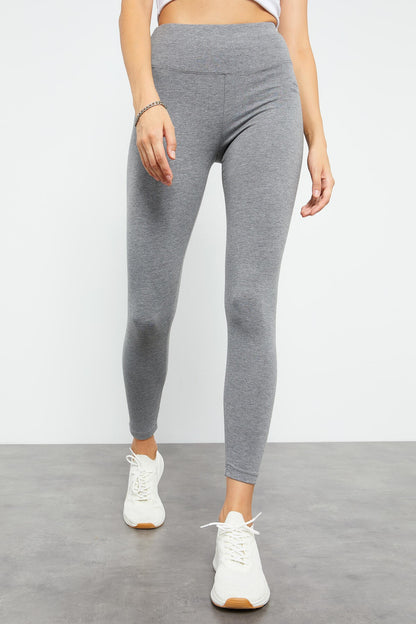 Grey Melange High Waist Wrap-up Slim Fit Skinny Leg Women's Tights - 94011