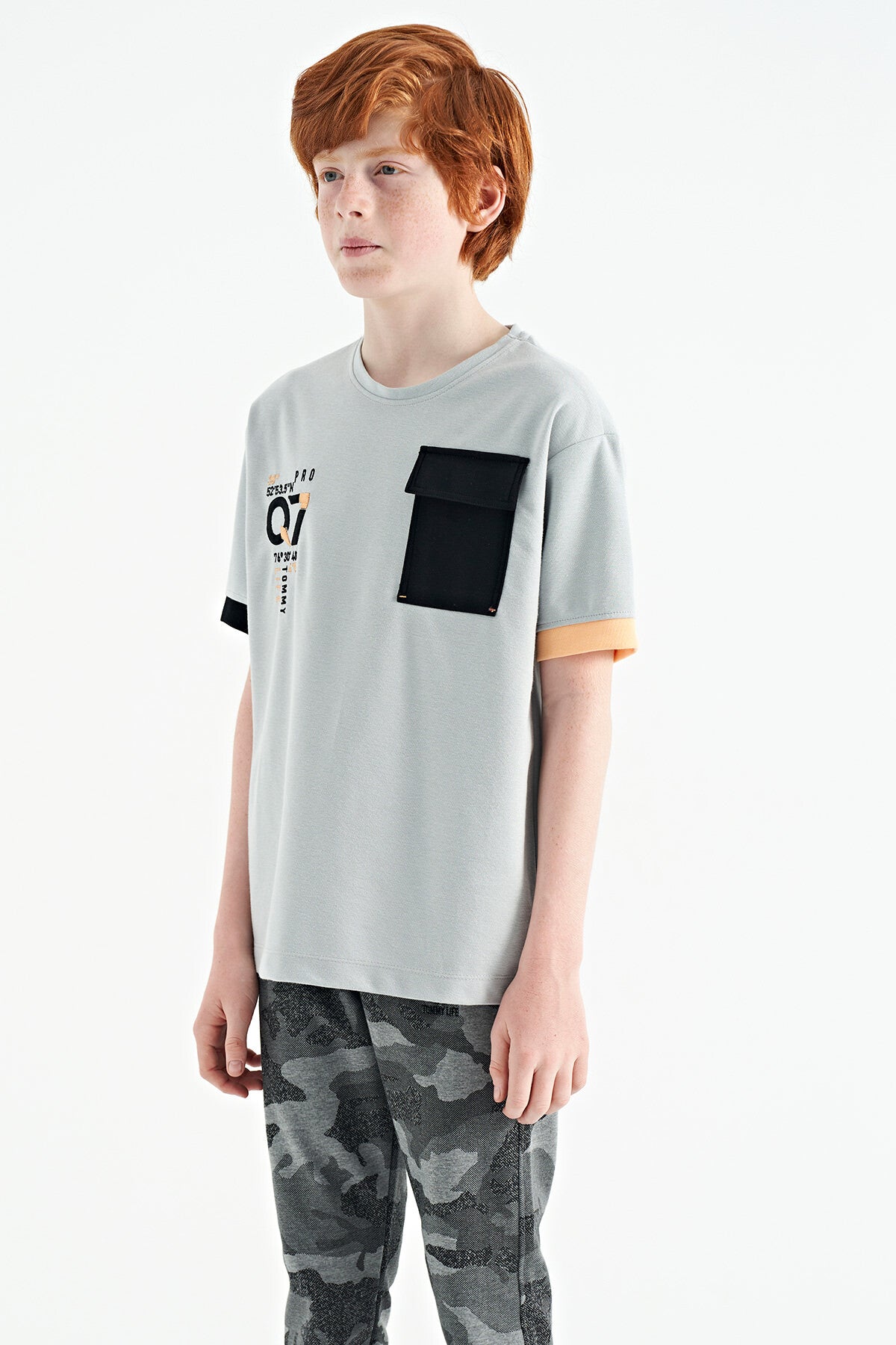 Gray O Collar Oversize Print Detailed Boys' T-Shirt - 11152