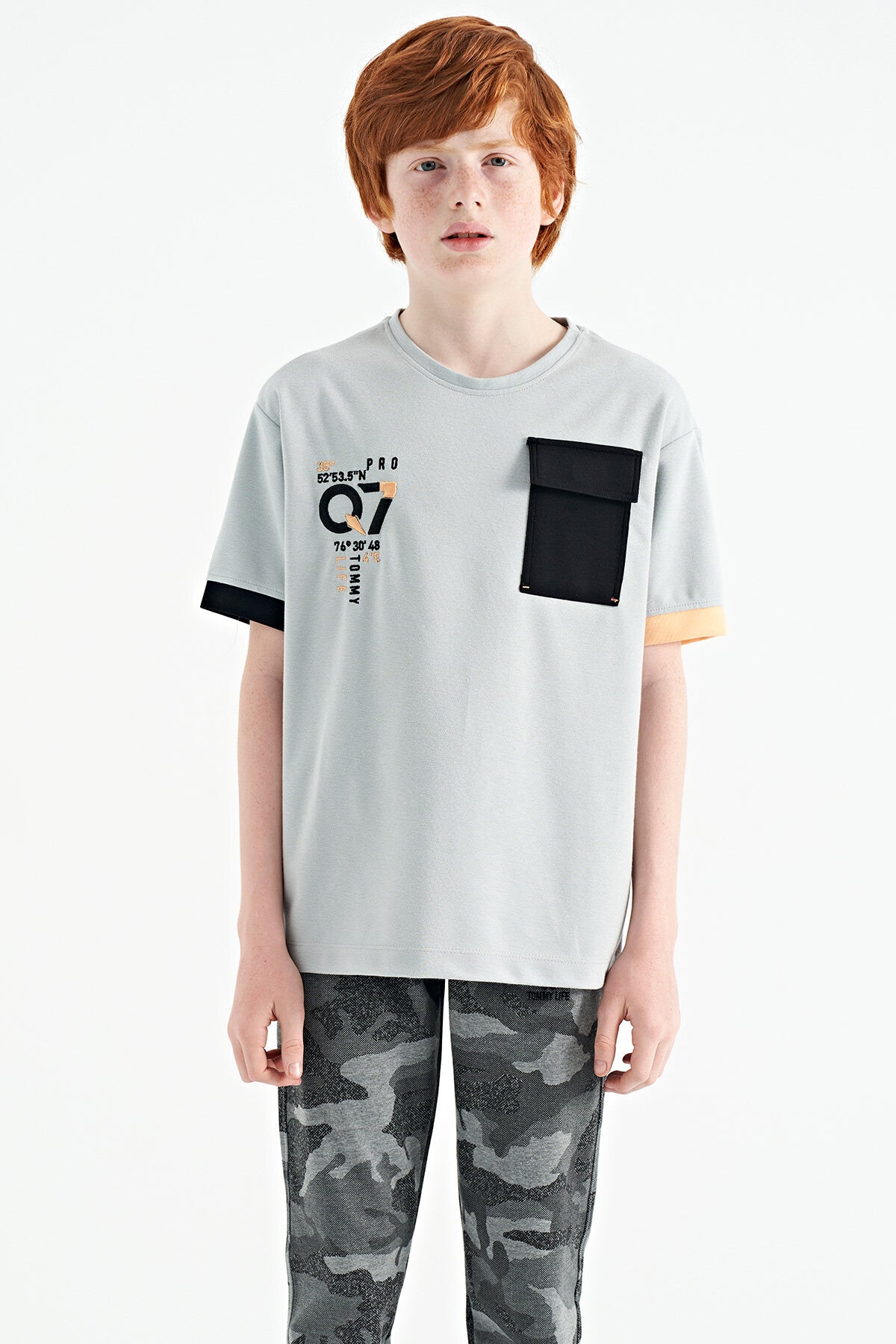 Gray O Collar Oversize Print Detailed Boys' T-Shirt - 11152