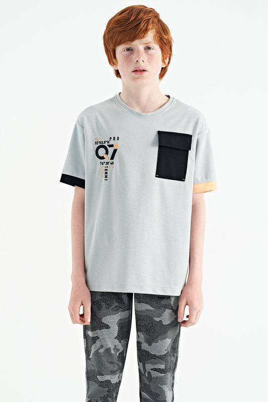Gray O Collar Oversize Print Detailed Boys' T-Shirt - 11152