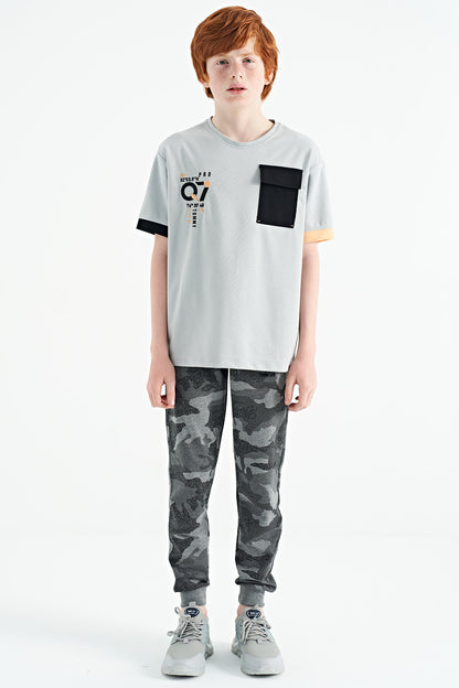 Gray O Collar Oversize Print Detailed Boys' T-Shirt - 11152