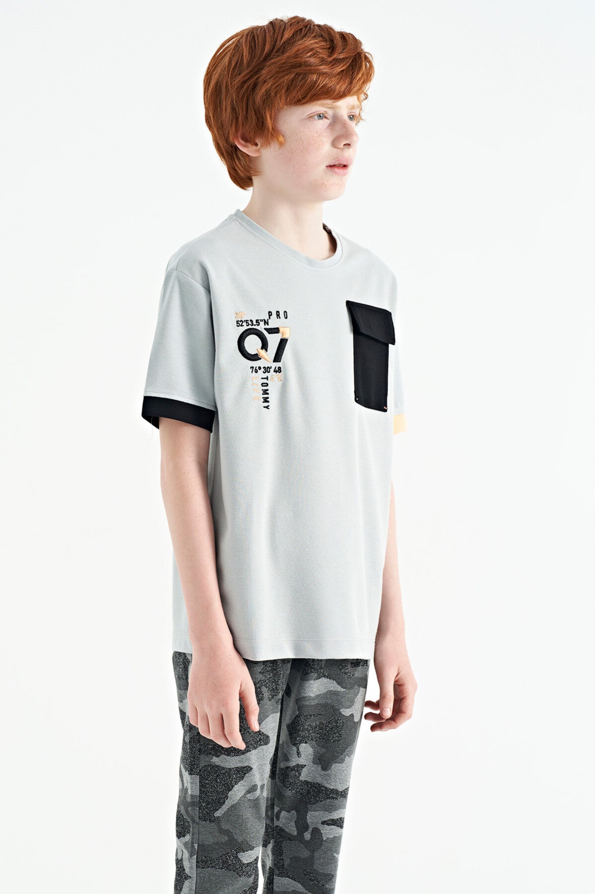 Gray O Collar Oversize Print Detailed Boys' T-Shirt - 11152
