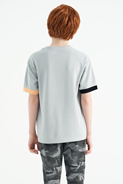 Gray O Collar Oversize Print Detailed Boys' T-Shirt - 11152