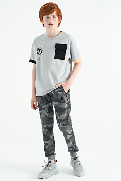 Gray O Collar Oversize Print Detailed Boys' T-Shirt - 11152