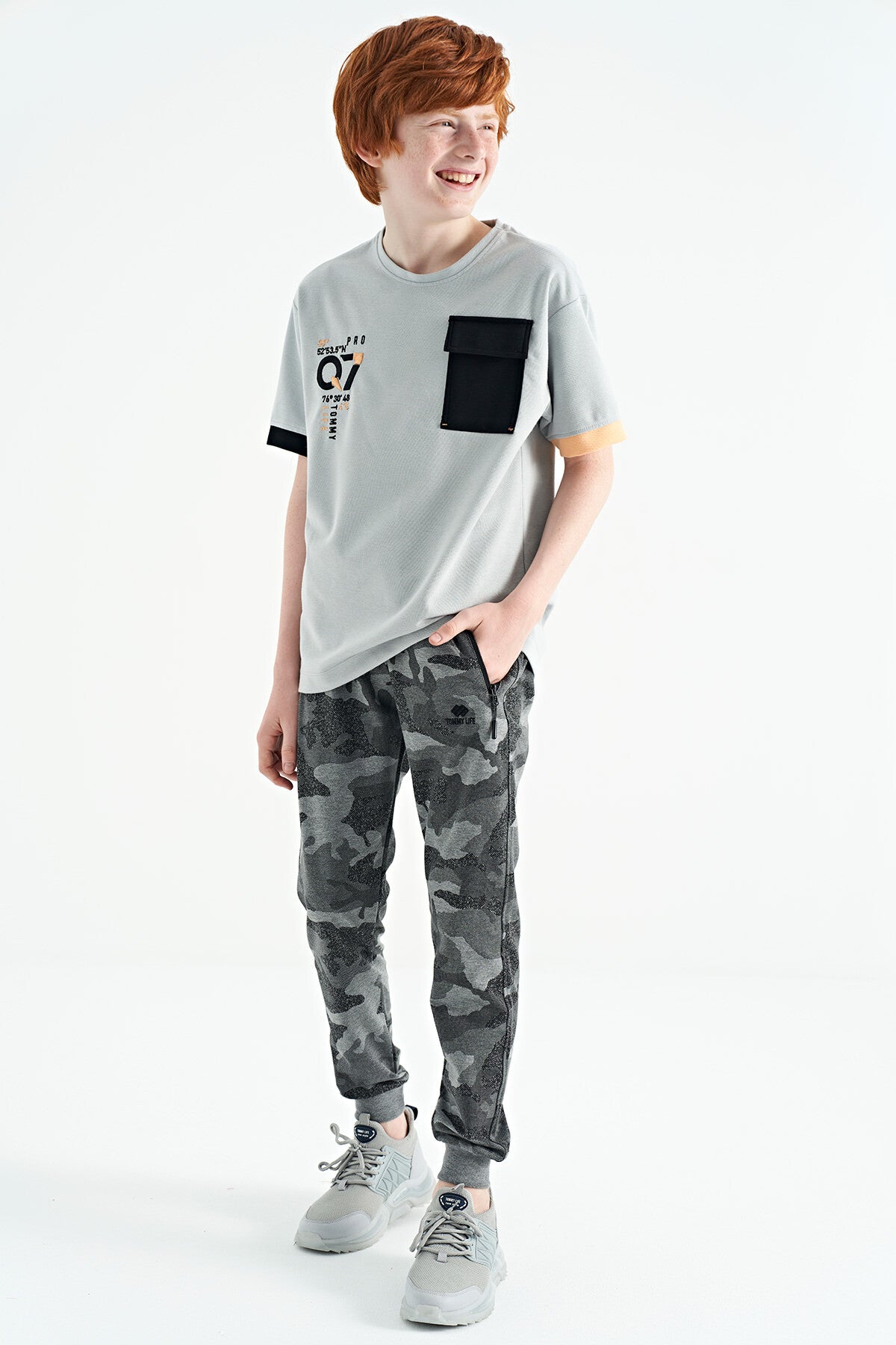 Gray O Collar Oversize Print Detailed Boys' T-Shirt - 11152