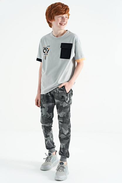 Gray O Collar Oversize Print Detailed Boys' T-Shirt - 11152