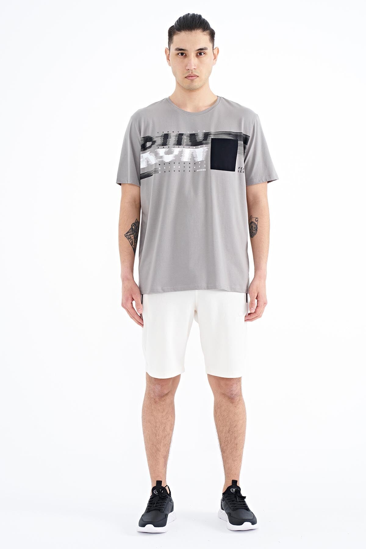 Gray Front Detailed Print Standard Fit Men's T-shirt - 88200