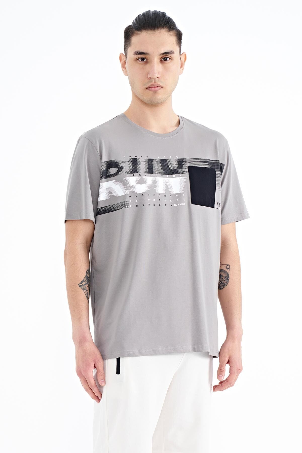 Gray Front Detailed Print Standard Fit Men's T-shirt - 88200